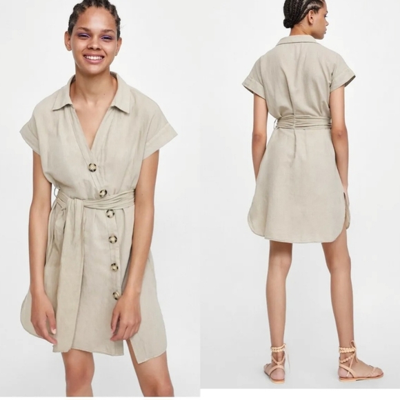 ZARA BASIC LINEN DRESS MINI NUDE BEIGE BUTTONED SHIRT DRESS WITH BELT - Picture 1 of 7